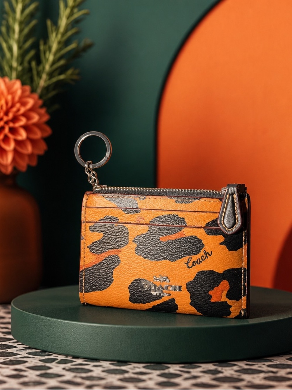 Coach Women’s Brown and Black Leopard-Print Card Case with Key Ring